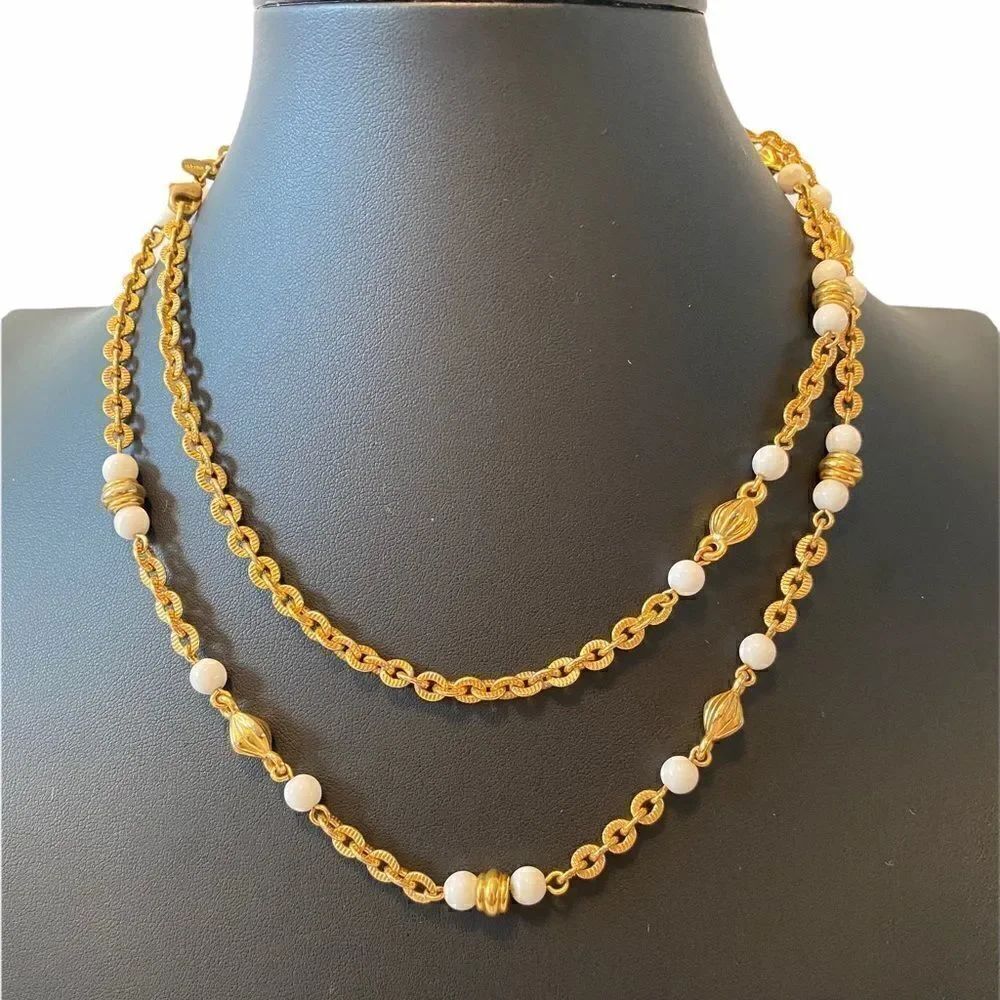 Monet Bright Gold Toned & White Beaded Vintage Necklace